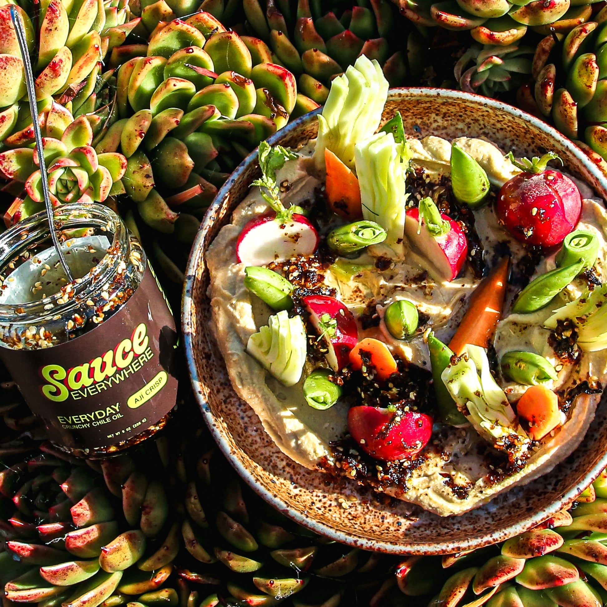 Hummus and vegetables dish beside chile sauce jar on top of vibrant succulents.